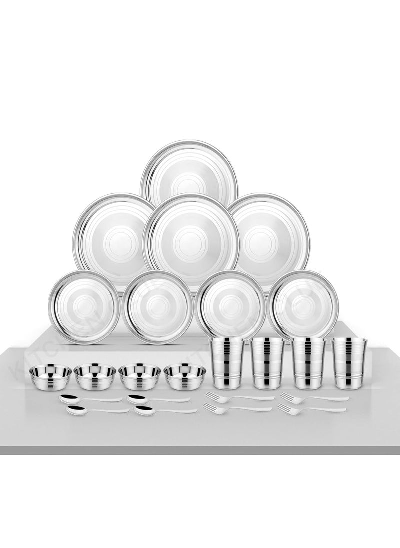 KITCHEN CLUE Smart Stainless Steel Dinner Set - 24 Pieces, Silver - High Grade 202 Steel Thali Set for Kitchen - Highly Durable & Unbreakable - Full Family Pack Dinnerware Set for Home