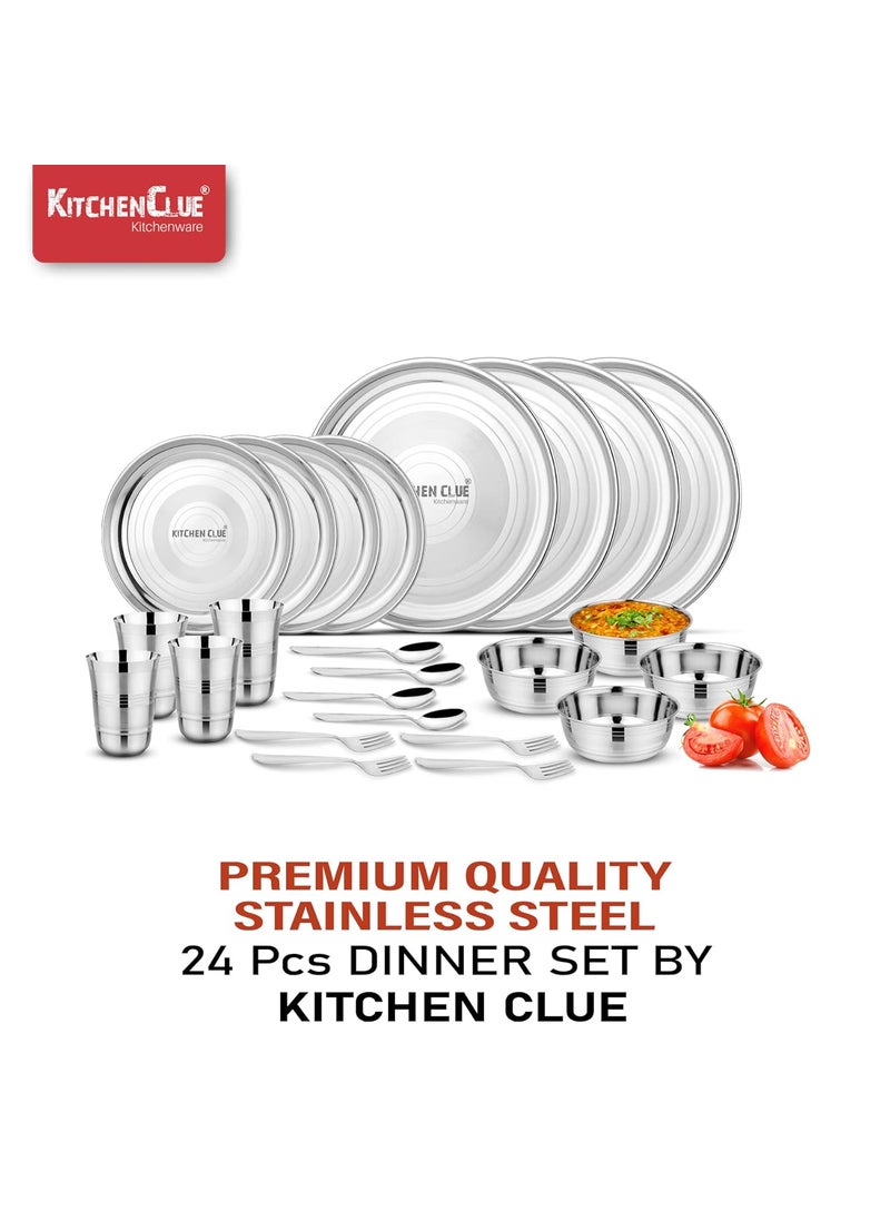 KITCHEN CLUE Smart Stainless Steel Dinner Set - 24 Pieces, Silver - High Grade 202 Steel Thali Set for Kitchen - Highly Durable & Unbreakable - Full Family Pack Dinnerware Set for Home