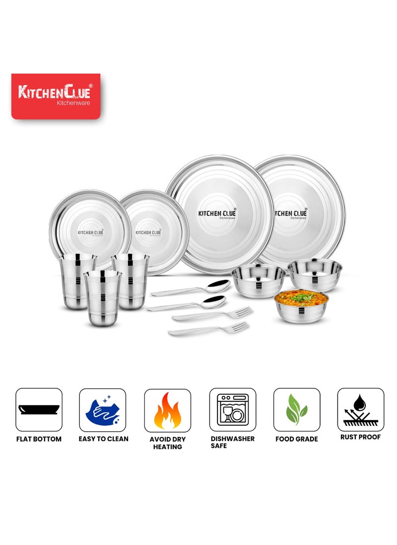 KITCHEN CLUE Smart Stainless Steel Dinner Set - 24 Pieces, Silver - High Grade 202 Steel Thali Set for Kitchen - Highly Durable & Unbreakable - Full Family Pack Dinnerware Set for Home
