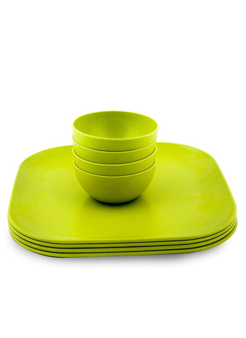 Decor EcoLite Bamboo Non Toxic Reusable Eco-Friendly Dinner Set for Couples - 4 Small Plates and 4 Bowls (Lime) - 8 Pieces