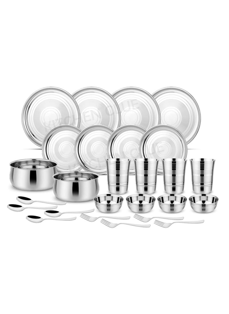 Kitchen Clue Smart Stainless Steel Dinnerware/Dinner Set of 26 Pieces, Kitchen Set for Home & Restaurants, Family - Silver (Highly Durable & Unbreakable - Steel 202 Grade)