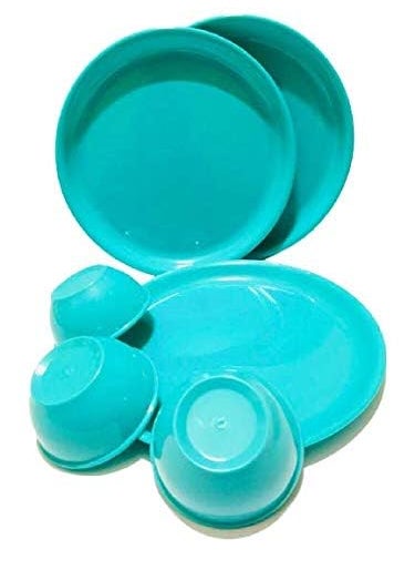 Everbuy® Microwave Safe and Unbreakable Round Full Plates with Bowl - Pack of 3 Plates and 3 Bowl Set-6 Pieces -Green