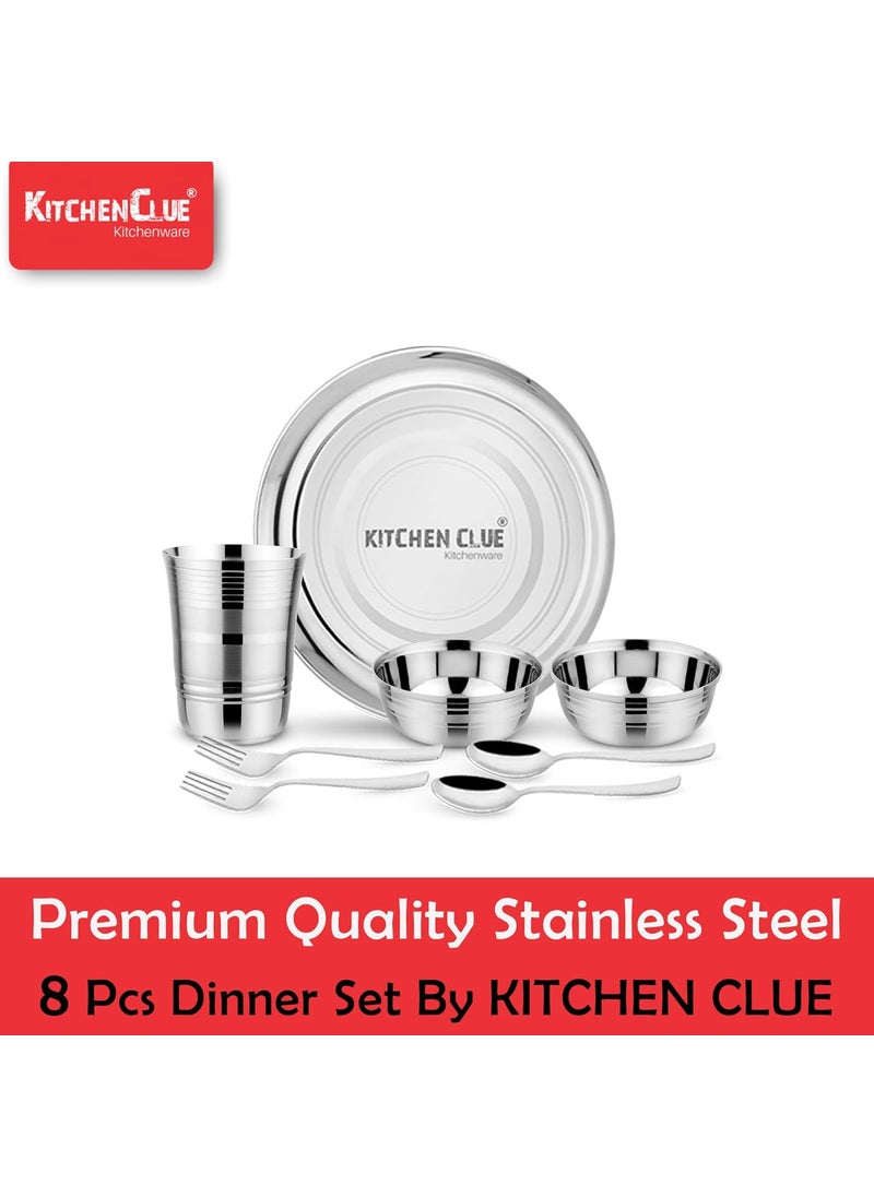 Kitchen Clue Stainless Steel Dinner Set for Kitchen (Pack of 8 Pcs, Silver) Highly Durable & Unbreakable - Steel Kitchen Set for Home, Steel Dinnerware/Serveware Set