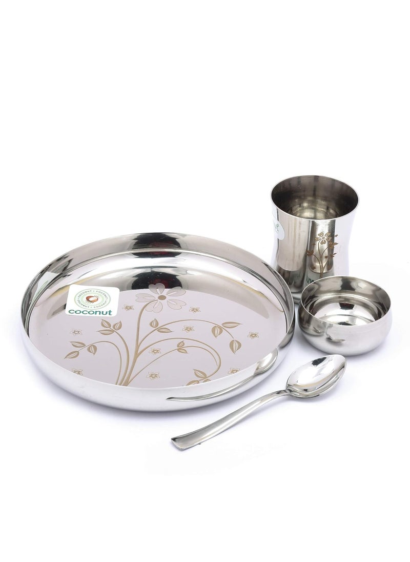 Coconut Stainless Steel Kids Laser Dinner Set (1-Plate,1-Glass, 1-Bowl & 1- Spoon) 4 Pieces - Silver, Diameter - 7.5 Inches