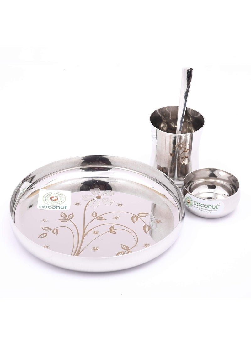 Coconut Stainless Steel Kids Laser Dinner Set (1-Plate,1-Glass, 1-Bowl & 1- Spoon) 4 Pieces - Silver, Diameter - 7.5 Inches