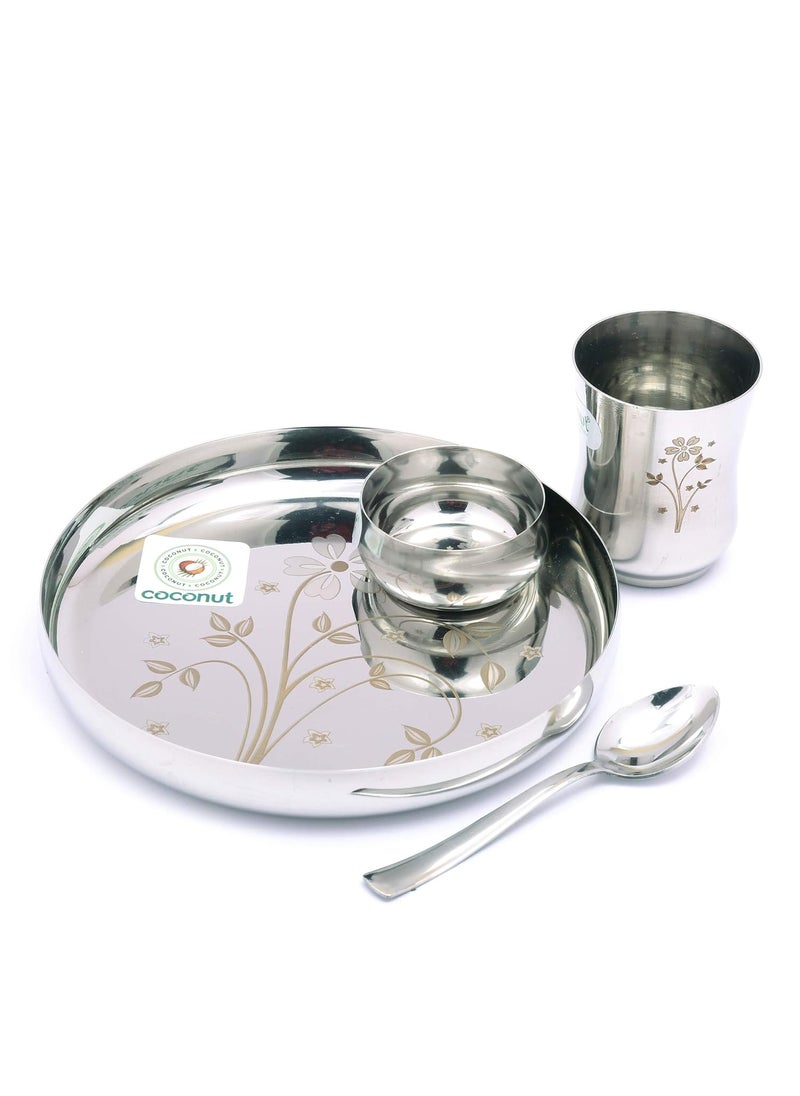 Coconut Stainless Steel Kids Laser Dinner Set (1-Plate,1-Glass, 1-Bowl & 1- Spoon) 4 Pieces - Silver, Diameter - 7.5 Inches