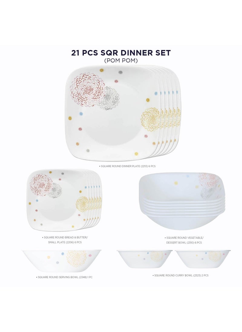 Corelle 21 Pc Square Round Dinner Set - POM POM White