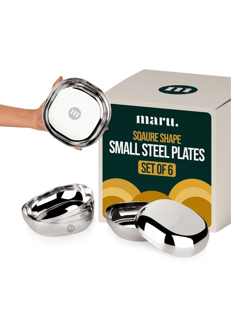 MARU Square Steel Small Plates for Snacks Set of 6, Durable, Deep & Safe for Everyday Use, Mirror Finish Design Serving/Diet Plates, Perfect for Adults/Kids, Snacks & Portion Control