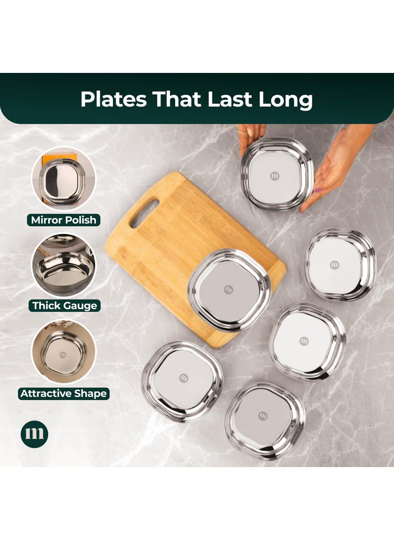 MARU Stainless Steel Small Snack Plates Set of 6 – Durable Square Quarter Plates for Kids, Perfect for Desserts, Halwa, Nastha, Breakfast, and Snacks