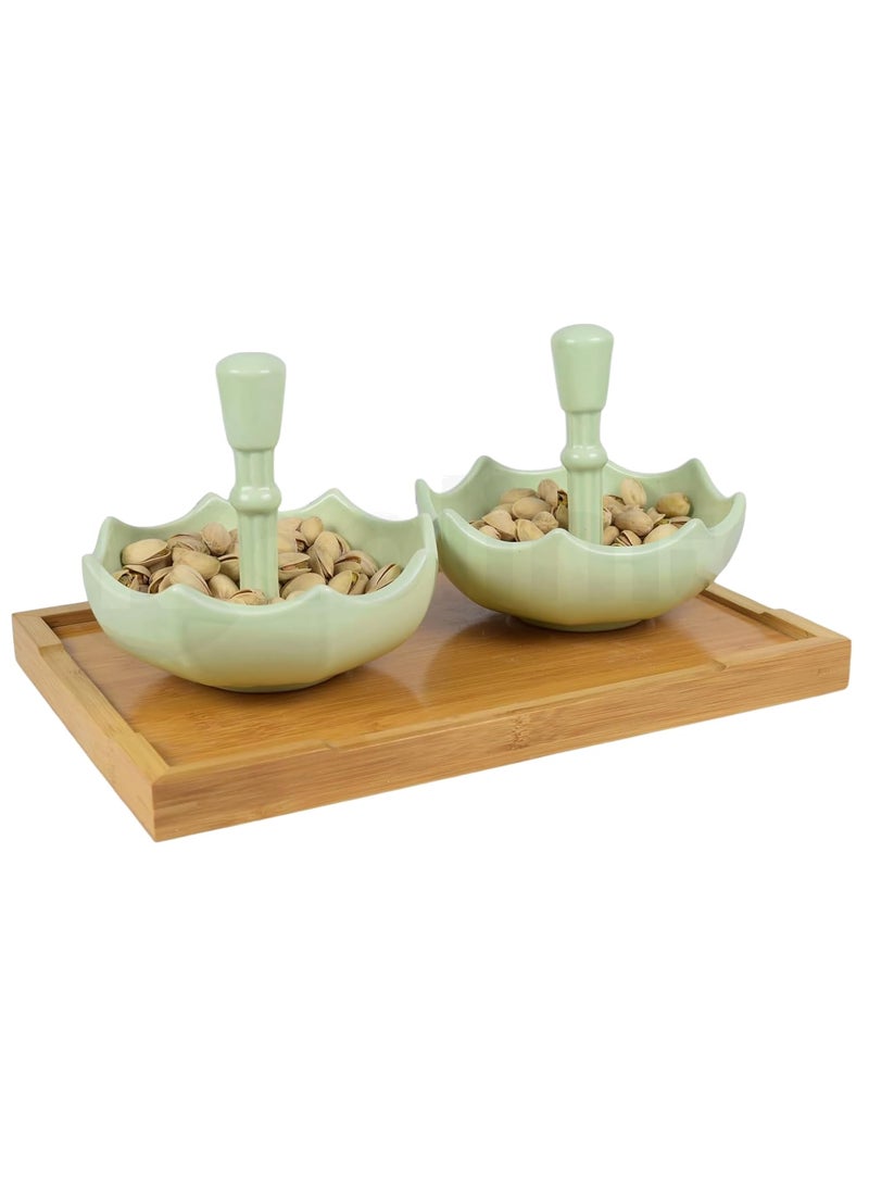 HOMIES, Set of 2 Pieces, Umbrella Shape Ceramic Bowls with Handle for Dry Fruit Serving Platter Tray, Modern, Decorative Bowls for Centerpieces, Salad Serving, Candy Bowls, Gifts. (Parrot Green)