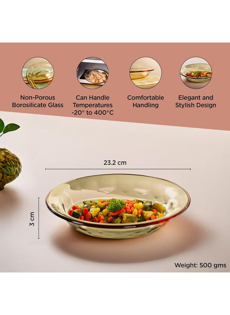 UMAI Borosilicate Glass Dinner Set of 4 Plates | Home Crockery for Dining | Microwave Dishwasher Safe | Dinner Plates for Festive Occasions/Parties | Housewarming Gift | Amber (Designer - 23cm)