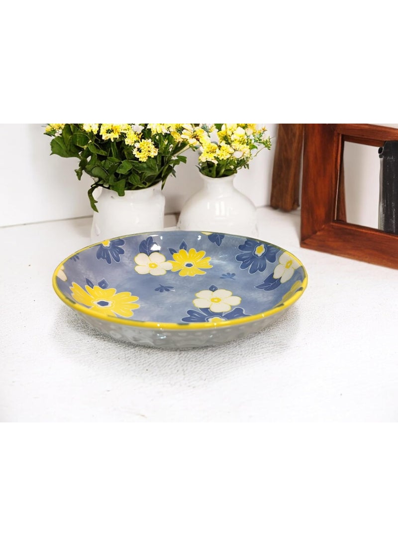 Lemon Tree Snack Serving Plate 20 cm Round Ceramic Deep Salad, Pasta Plate | Dinner Plates for Kitchen Microwave, Dishwasher & Oven Safe (Blue)