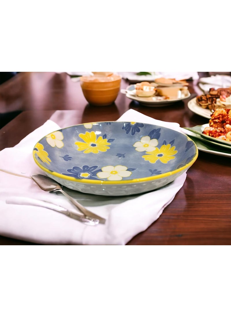 Lemon Tree Snack Serving Plate 20 cm Round Ceramic Deep Salad, Pasta Plate | Dinner Plates for Kitchen Microwave, Dishwasher & Oven Safe (Blue)