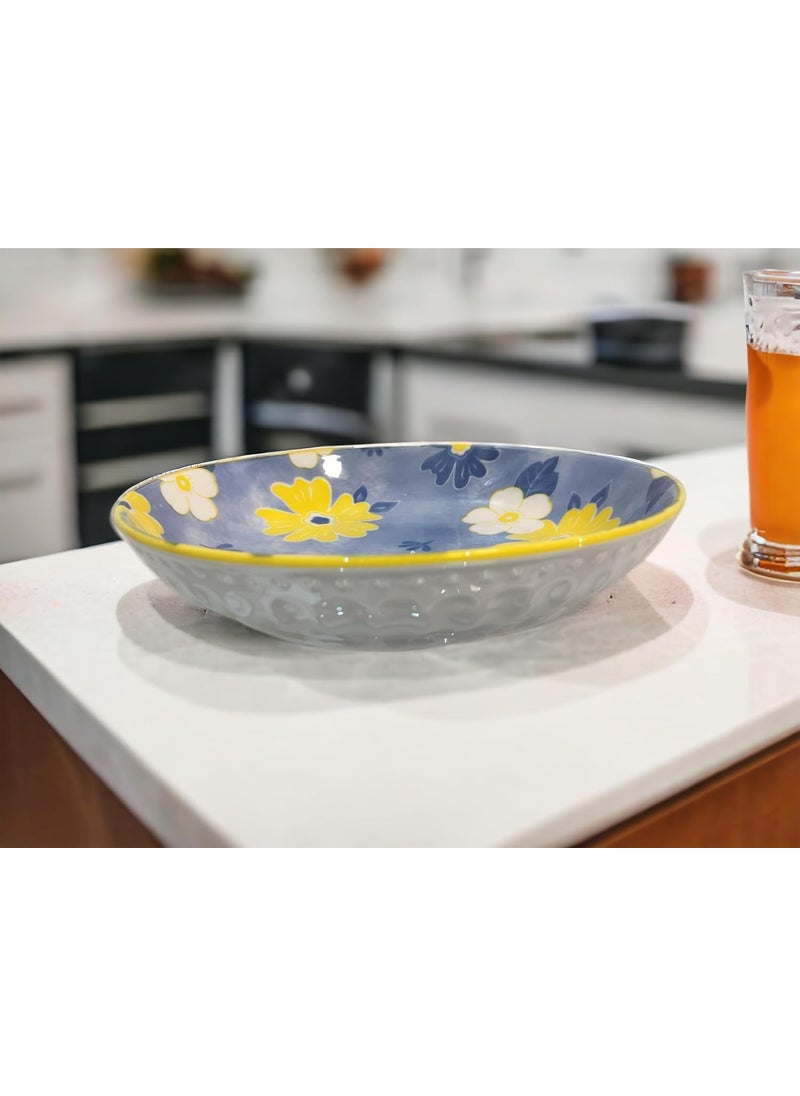 Lemon Tree Snack Serving Plate 20 cm Round Ceramic Deep Salad, Pasta Plate | Dinner Plates for Kitchen Microwave, Dishwasher & Oven Safe (Blue)