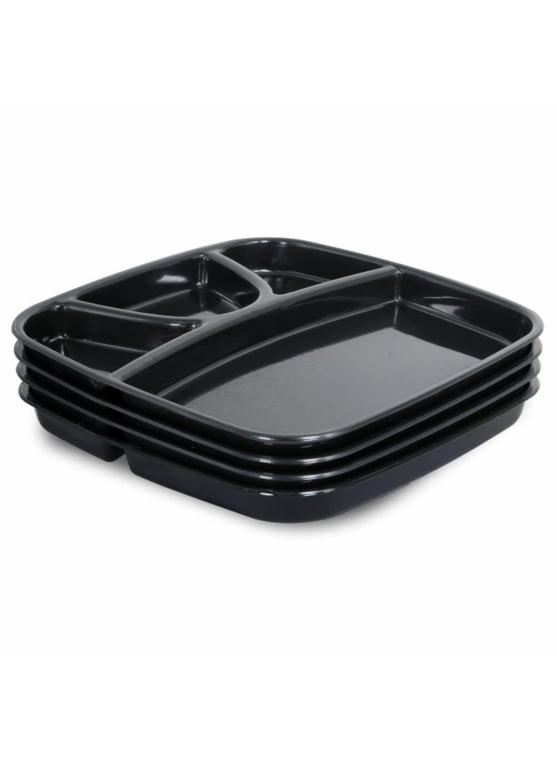 Wonder Homeware Partition Plate Microwave Safe, Thali Mess Tray, Unbreakable Plate Set, Big Size, 4 Pcs Plate, Black Color (Black)