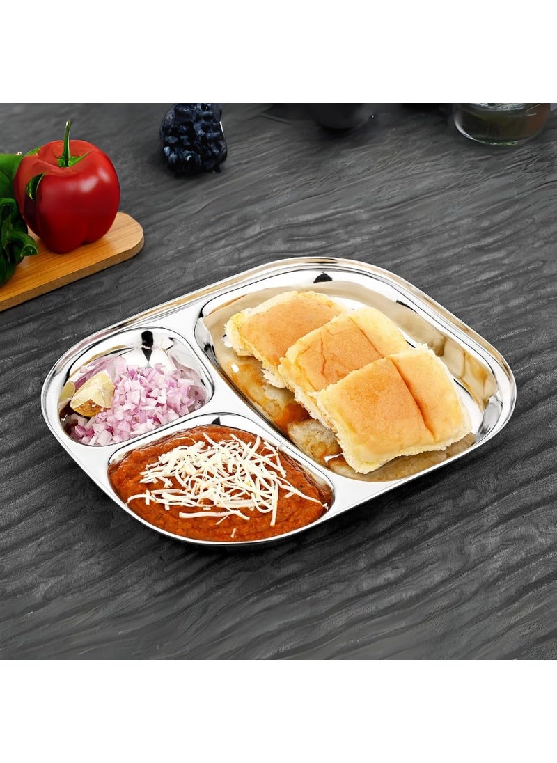 Royals Stainless Steel Plate,Compartment Plate |Pack of 4| Pav Bhaji Plate | Idli Plate | Dinner Plates | Kitchen Tools |