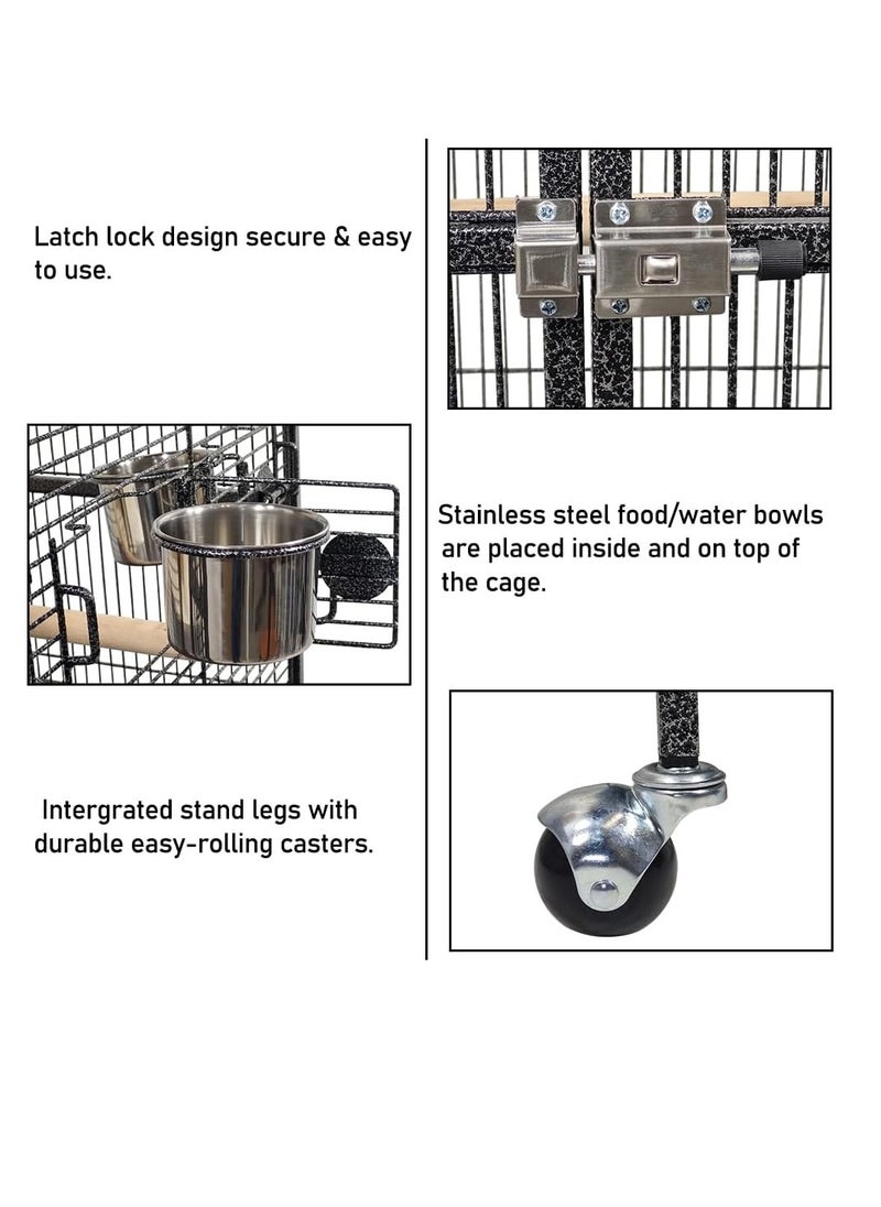 Birdcage, Heavy-duty metal bird cage with Play-top area, Wooden perches, Feeding bowls, Removable tray, and Universal wheels, Suitable for Parrots, Macaws, and Other large birds 154 cm (Black)