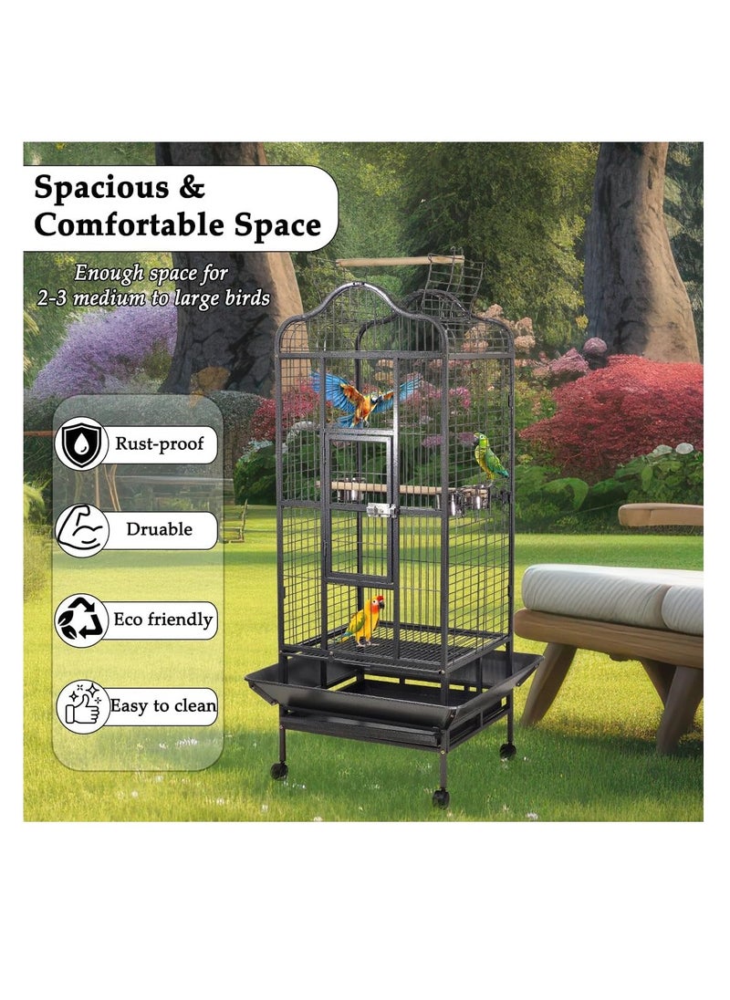 Bird Cage House with Open-Top design, Parrots, Parakeet, Macaw, Feeding Bowls, Wooden Perches, Removable Tray & Universal Wheels, Suitable for Small to Medium Birds 172 cm (Black)