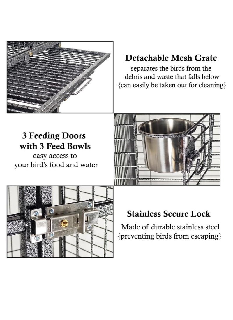 Bird Cage House with Open-Top design, Parrots, Parakeet, Macaw, Feeding Bowls, Wooden Perches, Removable Tray & Universal Wheels, Suitable for Small to Medium Birds 172 cm (Black)