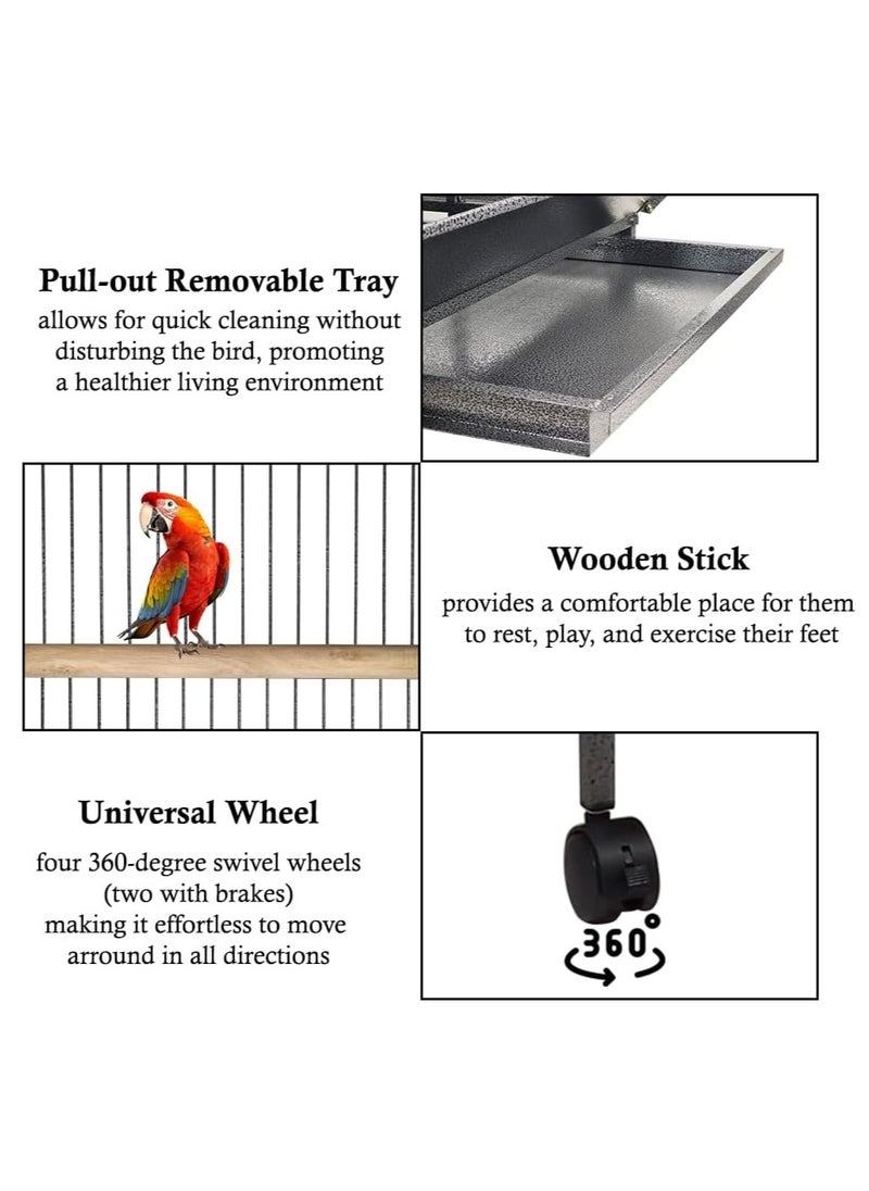 Bird Cage House with Open-Top design, Parrots, Parakeet, Macaw, Feeding Bowls, Wooden Perches, Removable Tray & Universal Wheels, Suitable for Small to Medium Birds 172 cm (Black)