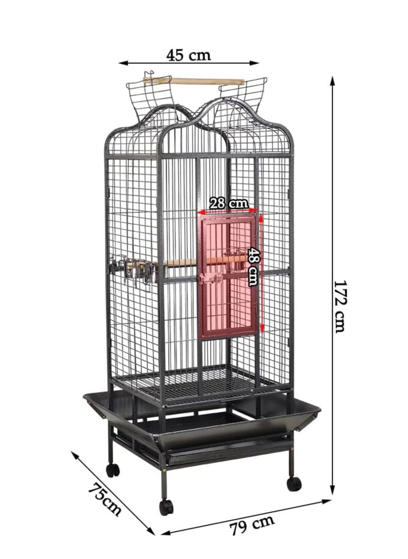 Bird Cage House with Open-Top design, Parrots, Parakeet, Macaw, Feeding Bowls, Wooden Perches, Removable Tray & Universal Wheels, Suitable for Small to Medium Birds 172 cm (Black)