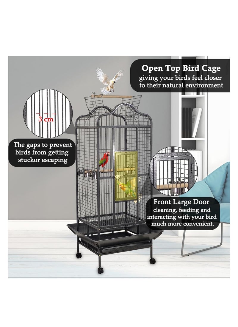 Bird Cage House with Open-Top design, Parrots, Parakeet, Macaw, Feeding Bowls, Wooden Perches, Removable Tray & Universal Wheels, Suitable for Small to Medium Birds 172 cm (Black)