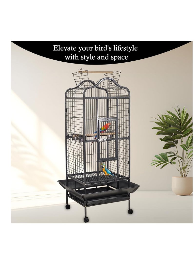 Bird Cage House with Open-Top design, Parrots, Parakeet, Macaw, Feeding Bowls, Wooden Perches, Removable Tray & Universal Wheels, Suitable for Small to Medium Birds 172 cm (Black)