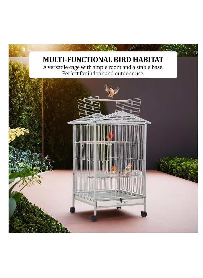 Birdcage, Spacious open-top bird cage for Small to medium-sized birds, Metal bird cage with Wooden standing perch, Feeding cups, Slide-out tray, and Universal wheels 87 cm (Grey)