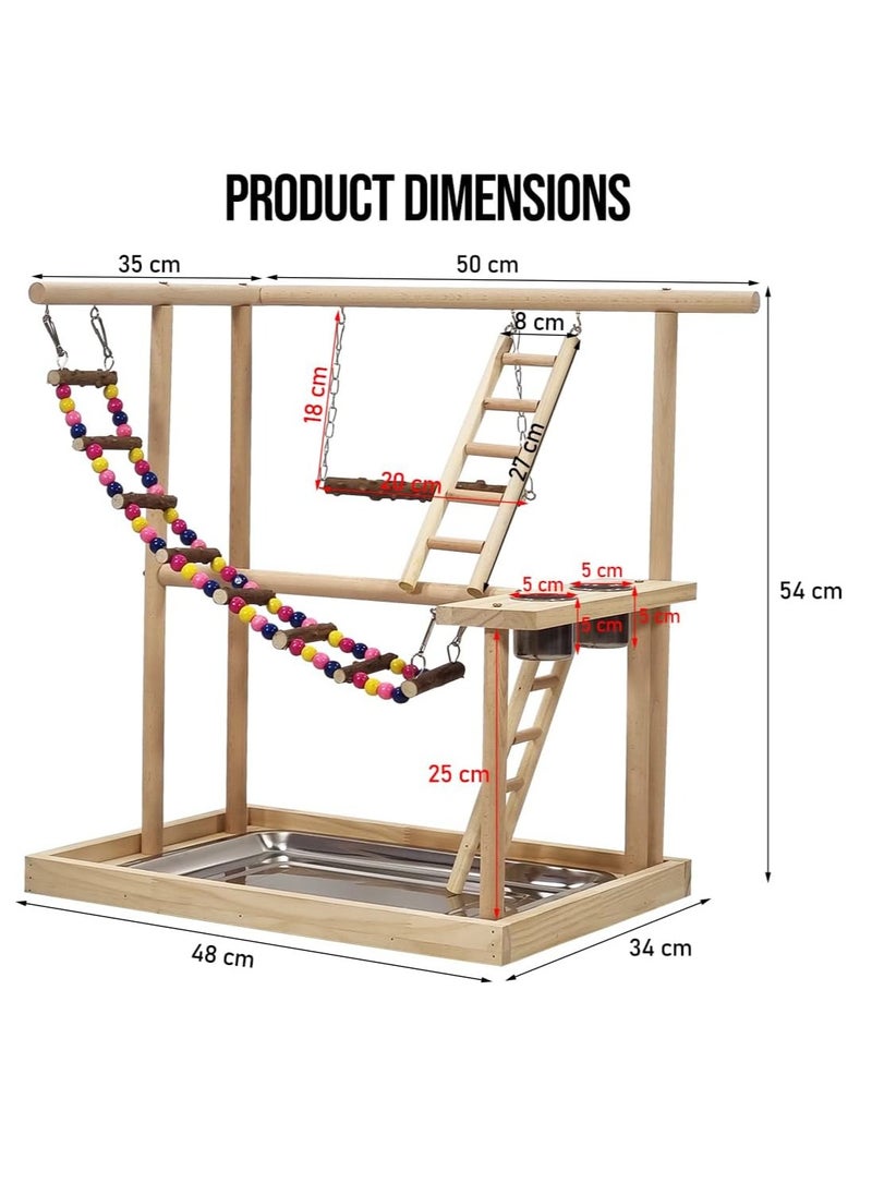 Bird stand, Natural wood bird play stand for small to medium birds, Interactive bird stand with Swinging perch, Feeding cups, Climbing ladders, Removable tray, and Anti-slip bottom 54 cm (Beige)