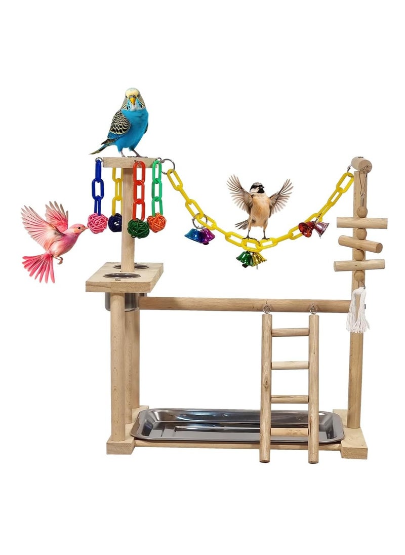 Wooden bird stand, Interactive bird play stand with Standing perch, Stainless steel bowls, Colorful toys, Climbing ladder, Detachable tray, and Non-slip bottom, Ideal for small birds 43 cm (Beige)