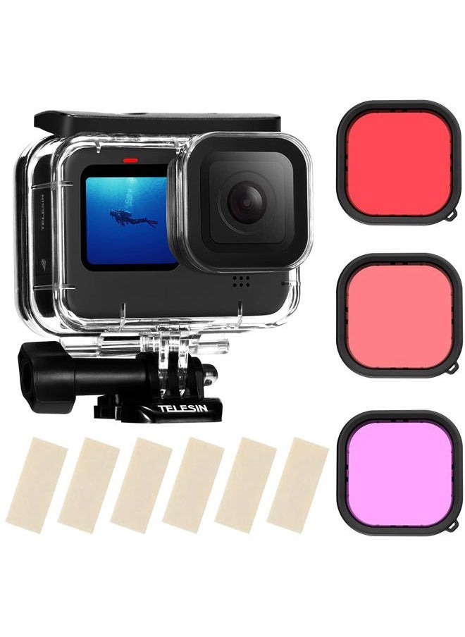 TELESIN Waterproof Case for GoPro Hero 13/12/11/10/9 Black - 3-Pack Dive Filter with Red Magenta - Supports 60M/196FT Underwater Scuba Snorkeling Deep Diving