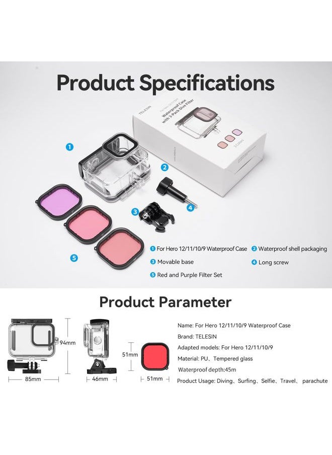 TELESIN Waterproof Case for GoPro Hero 13/12/11/10/9 Black - 3-Pack Dive Filter with Red Magenta - Supports 60M/196FT Underwater Scuba Snorkeling Deep Diving
