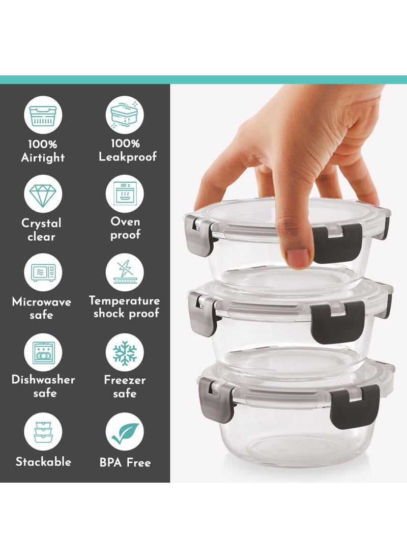 Magnus G-Lock Solid Glass Lunch Box with Vertical Pouch and Detachable Clip, Includes 3 Round Airtight, Leakproof, Microwave Safe Borosilicate Glass Containers, 400 ML Each - Premium Lunch Boxes