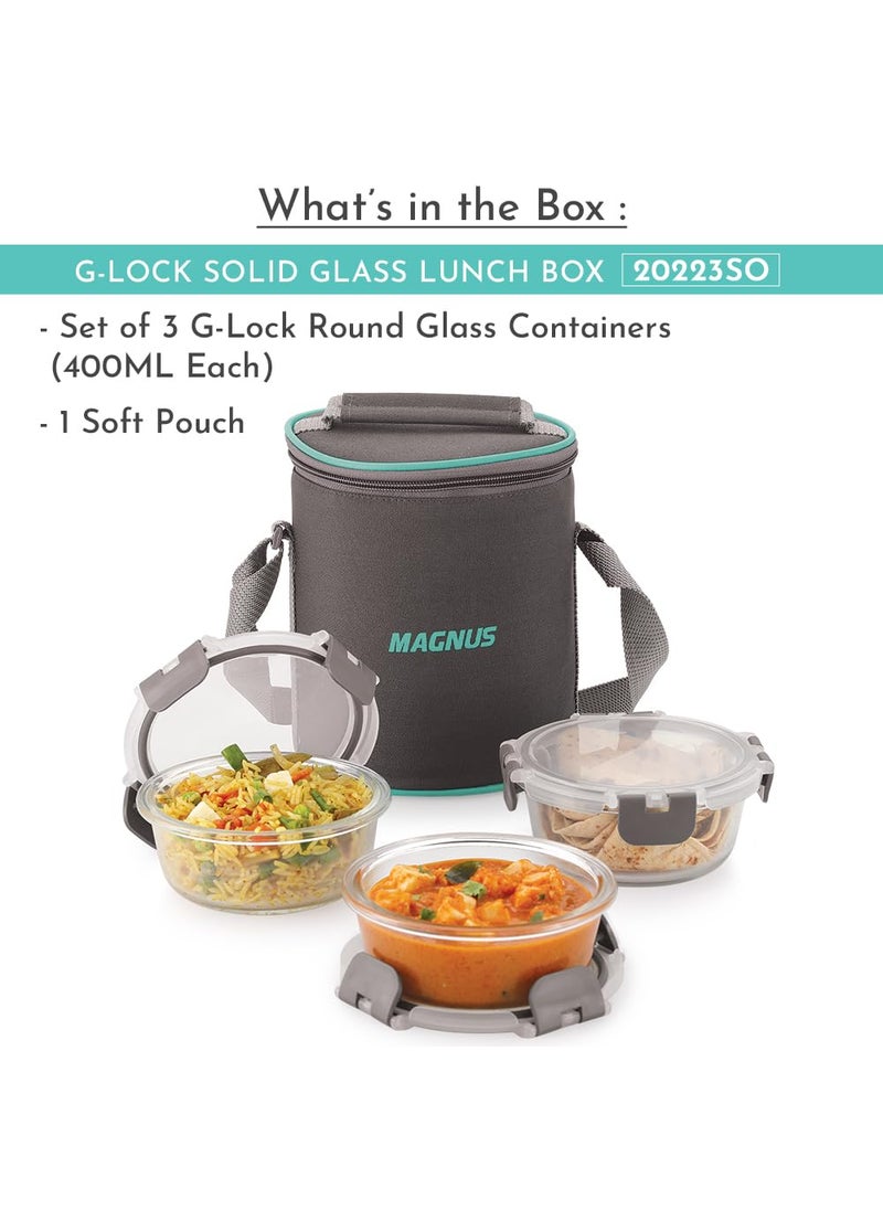Magnus G-Lock Solid Glass Lunch Box with Vertical Pouch and Detachable Clip, Includes 3 Round Airtight, Leakproof, Microwave Safe Borosilicate Glass Containers, 400 ML Each - Premium Lunch Boxes