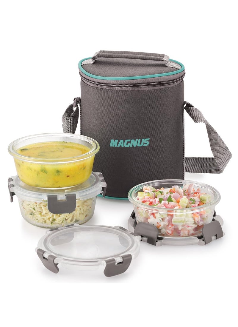 Magnus G-Lock Solid Glass Lunch Box with Vertical Pouch and Detachable Clip, Includes 3 Round Airtight, Leakproof, Microwave Safe Borosilicate Glass Containers, 400 ML Each - Premium Lunch Boxes