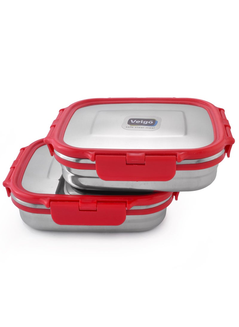 Veigo Premium Finish Lock N Steel 2 Pcs Container (2 Big), Airtight Leakproof Lunch Box Sleek & Compact Design Easy to Fit Into Any Bagpack Perfect for Office,School,Outdoor- Red 600ml+600ml