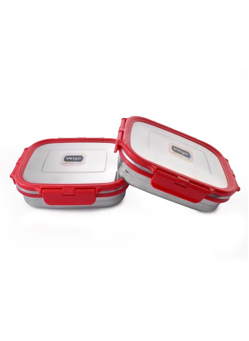 Veigo Premium Finish Lock N Steel 2 Pcs Container (2 Big), Airtight Leakproof Lunch Box Sleek & Compact Design Easy to Fit Into Any Bagpack Perfect for Office,School,Outdoor- Red 600ml+600ml