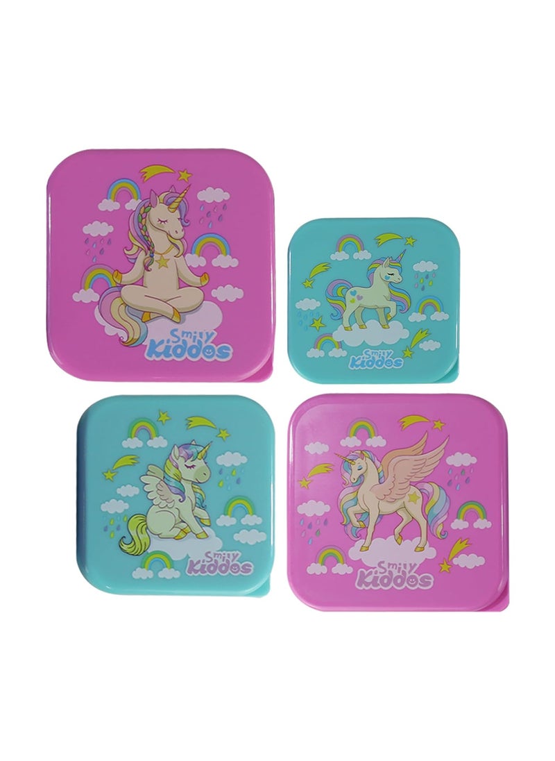 Smily Kiddos 4 in 1 Container- Unicon Theme Microwave Safe Food Storage Lunch Box Freezer & Dishwasher Safe Removable Compartment Food Containers