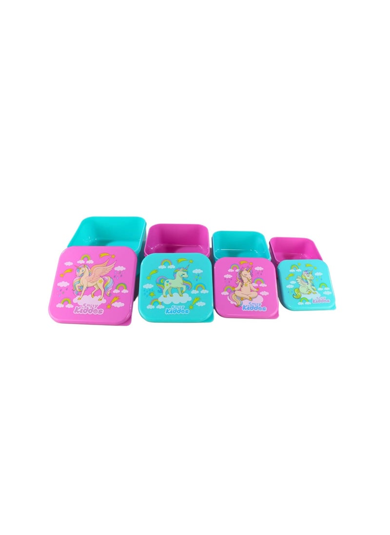 Smily Kiddos 4 in 1 Container- Unicon Theme Microwave Safe Food Storage Lunch Box Freezer & Dishwasher Safe Removable Compartment Food Containers
