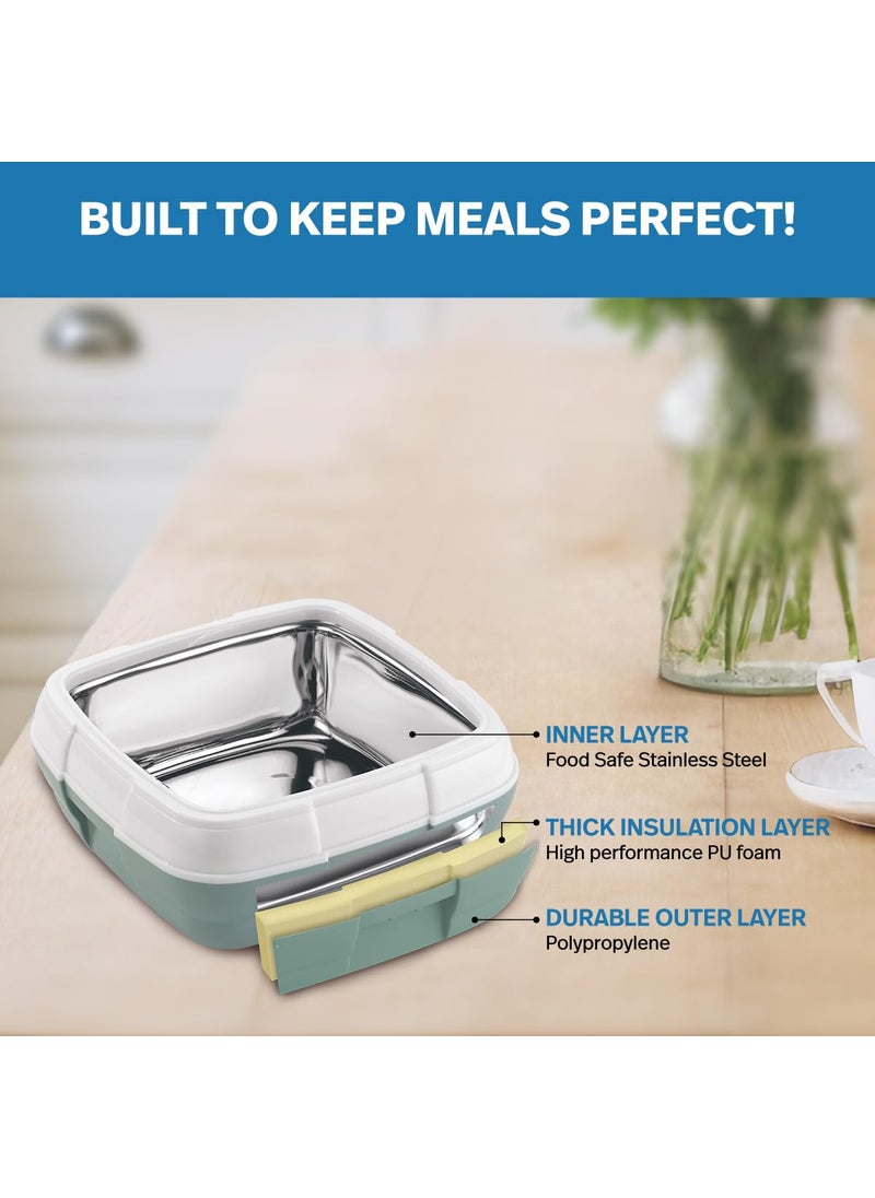 Pinnacle Paloma Lunch Box with 4-Clip Lock lid for Hot & Cold Food | Vaccum Release Knob | Leakproof Tiffin | Ideal for Office, School, Picnic, Travelling (500 ML, Mist Green)