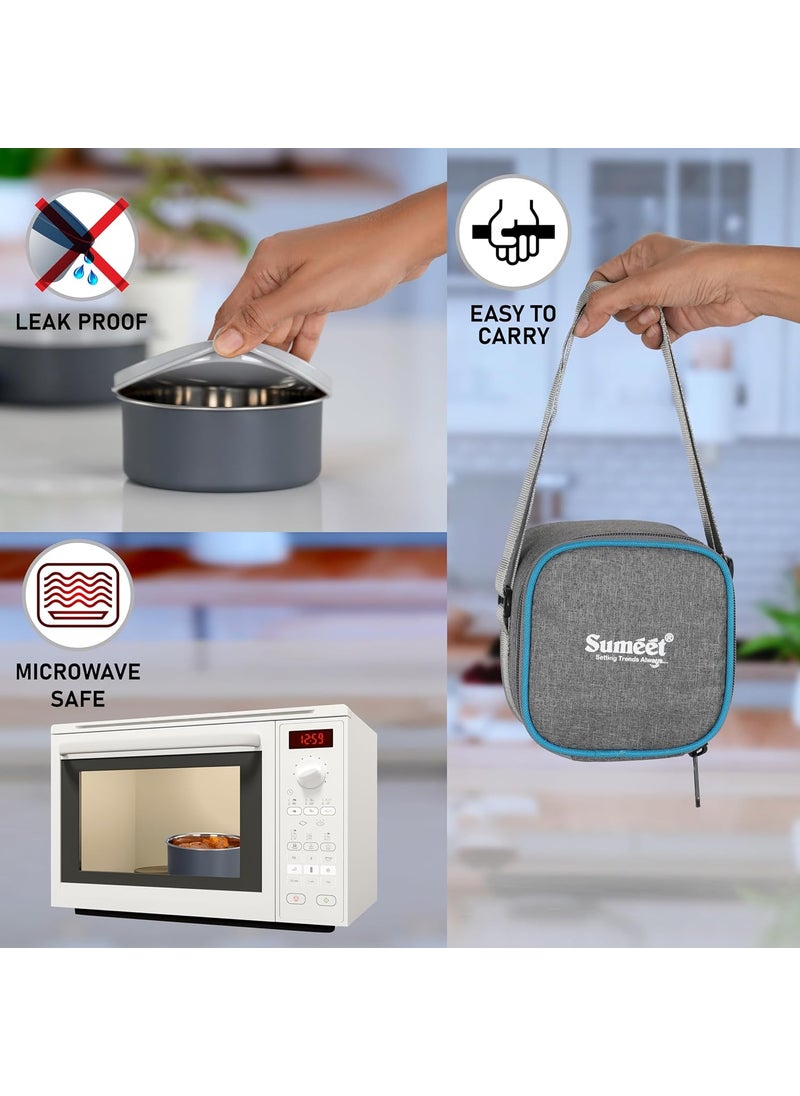 Sumeet EPULO Lunch Box Tiffin with Microwave Safe and Leak Proof 2 Inner Steel Containers + 1 Plastic Chutney/Pickel Container with BPA Free Air Tight Lids - 420ml & Insulated Fabric Bag, Grey