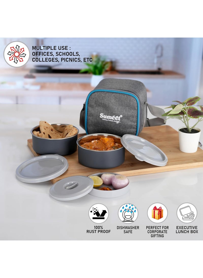 Sumeet EPULO Lunch Box Tiffin with Microwave Safe and Leak Proof 2 Inner Steel Containers + 1 Plastic Chutney/Pickel Container with BPA Free Air Tight Lids - 420ml & Insulated Fabric Bag, Grey