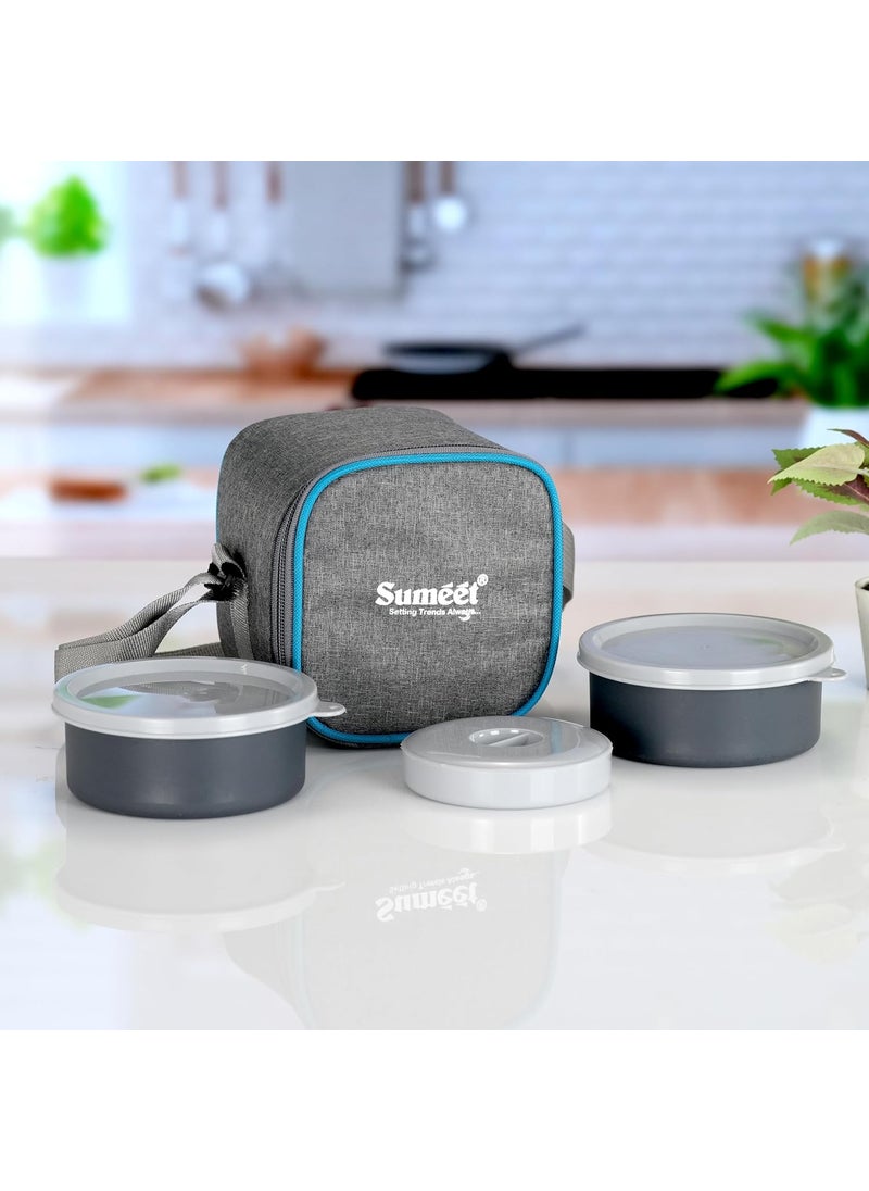 Sumeet EPULO Lunch Box Tiffin with Microwave Safe and Leak Proof 2 Inner Steel Containers + 1 Plastic Chutney/Pickel Container with BPA Free Air Tight Lids - 420ml & Insulated Fabric Bag, Grey