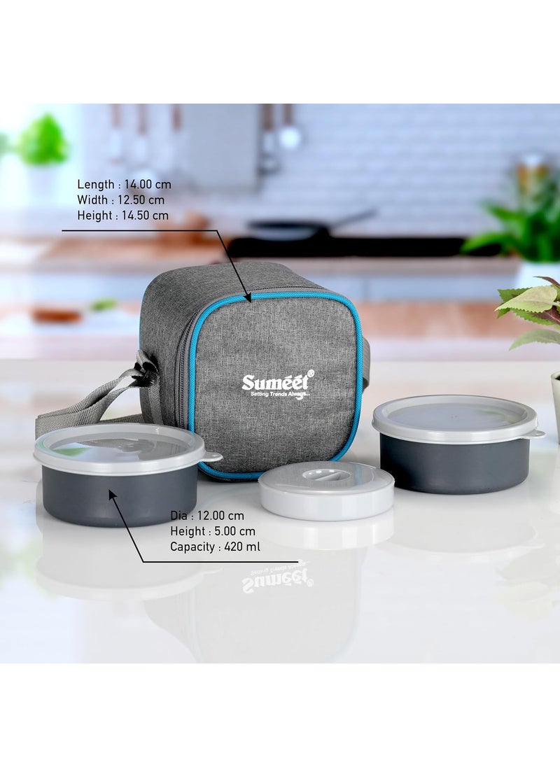 Sumeet EPULO Lunch Box Tiffin with Microwave Safe and Leak Proof 2 Inner Steel Containers + 1 Plastic Chutney/Pickel Container with BPA Free Air Tight Lids - 420ml & Insulated Fabric Bag, Grey