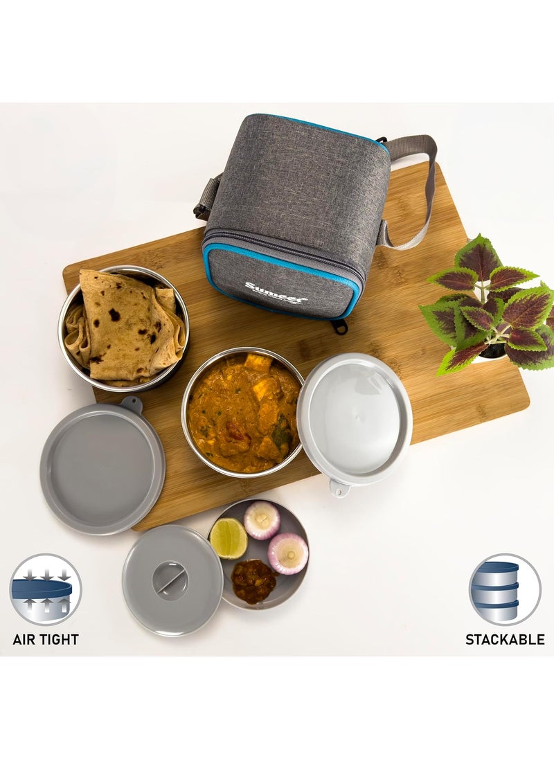Sumeet EPULO Lunch Box Tiffin with Microwave Safe and Leak Proof 2 Inner Steel Containers + 1 Plastic Chutney/Pickel Container with BPA Free Air Tight Lids - 420ml & Insulated Fabric Bag, Grey