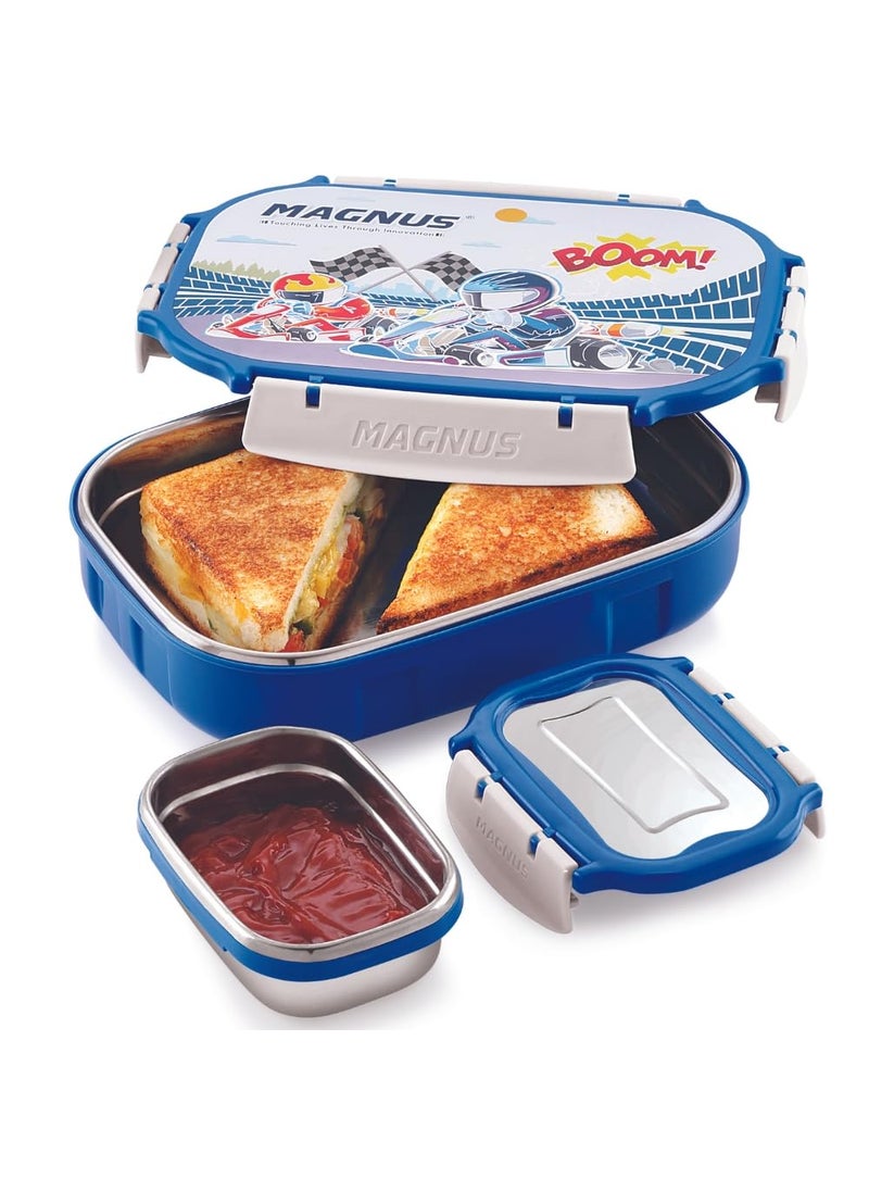 Magnus Spike Kids SP Blue Lunchbox - 800ml Stainless Steel Tiffin & 150ml Container | Airtight, Leakproof, Insulated Lunch Box for Kids & Lunch Boxes for Office Men, Easy Carry for Boys & Girls