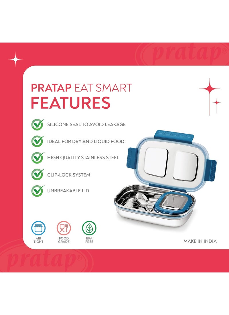 PRATAP Leak Proof Airtight BPA Free Eat Smart Premium Stainless Steel Lunch Tiffin Box Set with Steel Spoon 4 Side Clip Lock Lid for Office & School Use Kids Women Men (Blue, 840 ml & 190 ml)