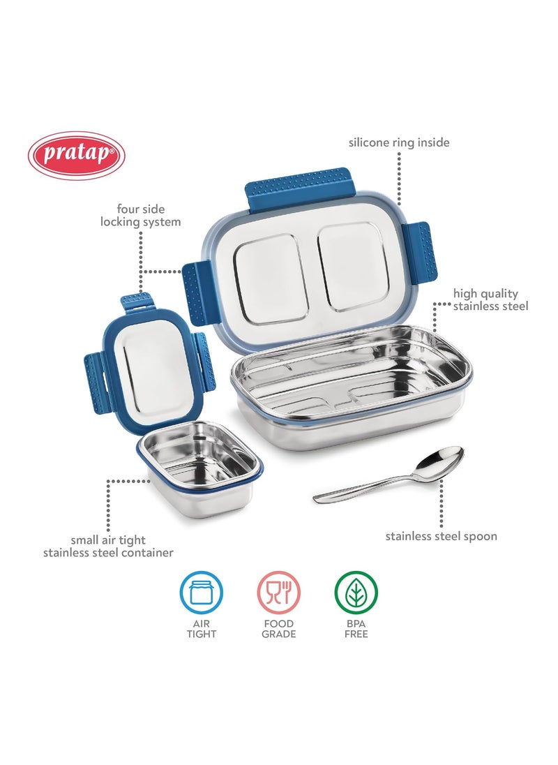 PRATAP Leak Proof Airtight BPA Free Eat Smart Premium Stainless Steel Lunch Tiffin Box Set with Steel Spoon 4 Side Clip Lock Lid for Office & School Use Kids Women Men (Blue, 840 ml & 190 ml)