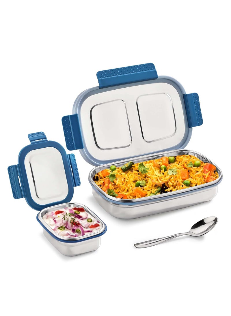 PRATAP Leak Proof Airtight BPA Free Eat Smart Premium Stainless Steel Lunch Tiffin Box Set with Steel Spoon 4 Side Clip Lock Lid for Office & School Use Kids Women Men (Blue, 840 ml & 190 ml)