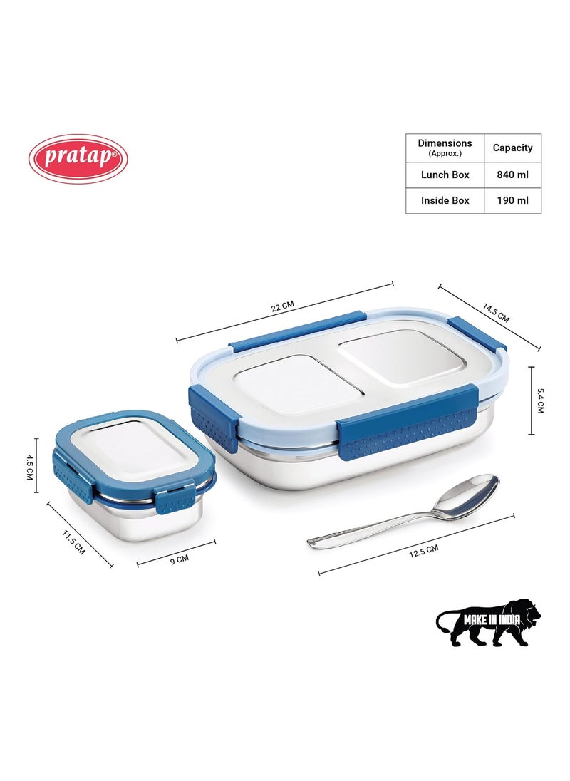 PRATAP Leak Proof Airtight BPA Free Eat Smart Premium Stainless Steel Lunch Tiffin Box Set with Steel Spoon 4 Side Clip Lock Lid for Office & School Use Kids Women Men (Blue, 840 ml & 190 ml)